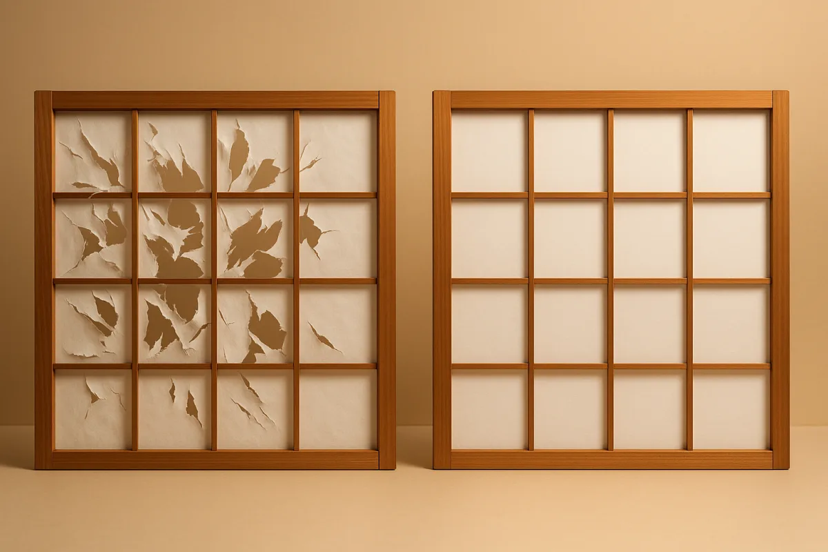 Ordinary shoji paper shredded by a cat on the left, intact pet-proof shoji paper on the right