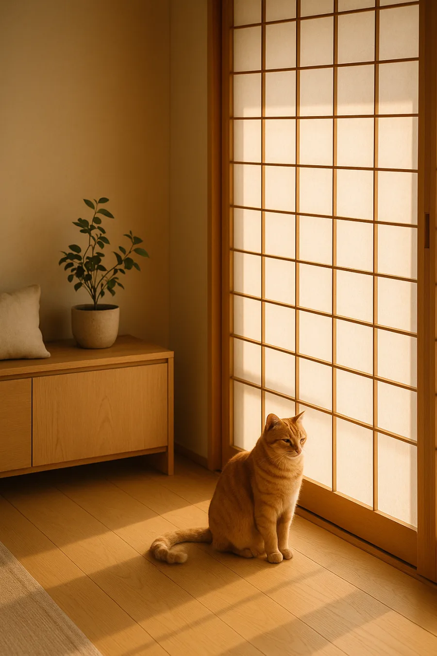 Warm afternoon light through a Japanese shoji screen with a ginger cat resting beside it