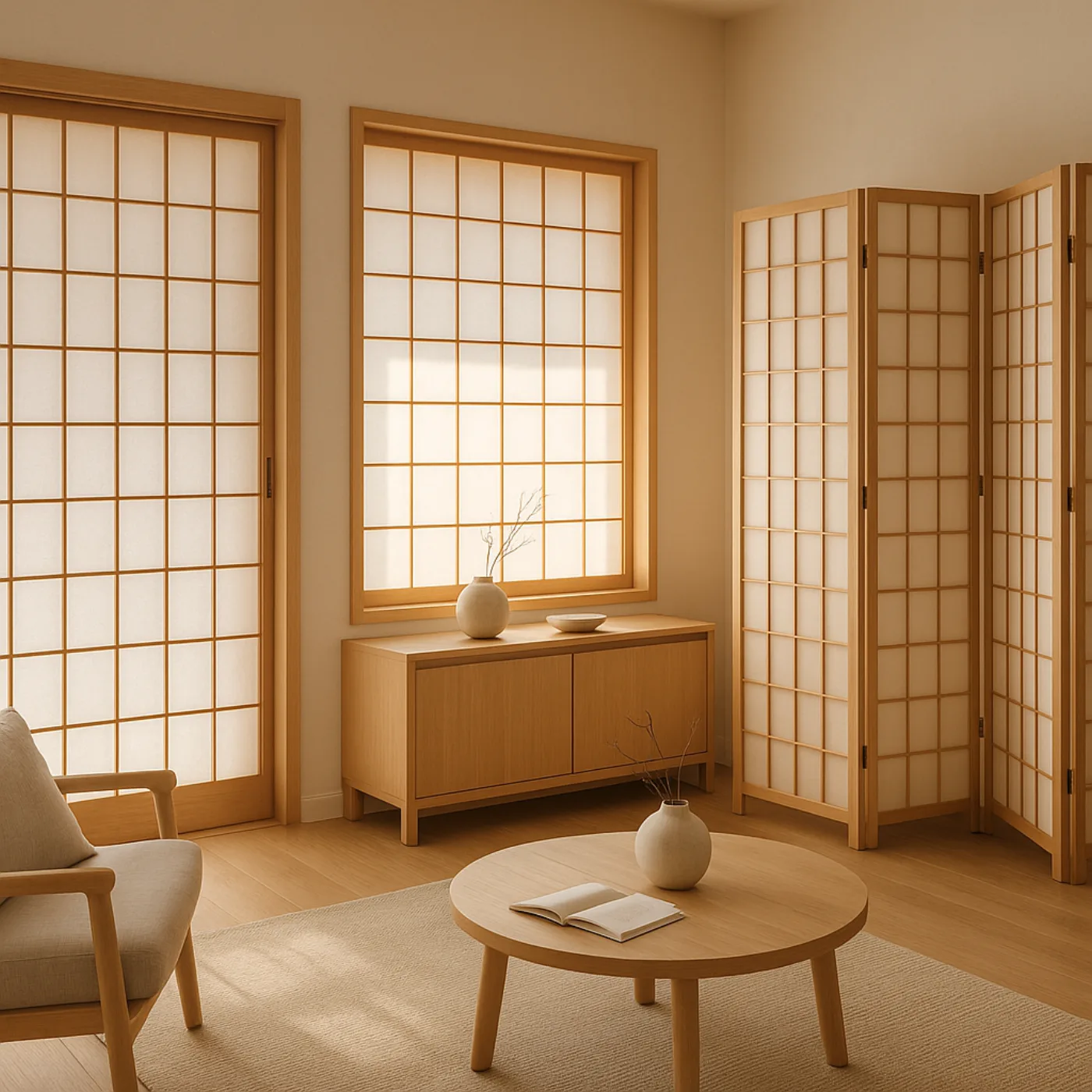 A calm Japandi living room with shoji sliding doors, a shoji window and a folding shoji divider